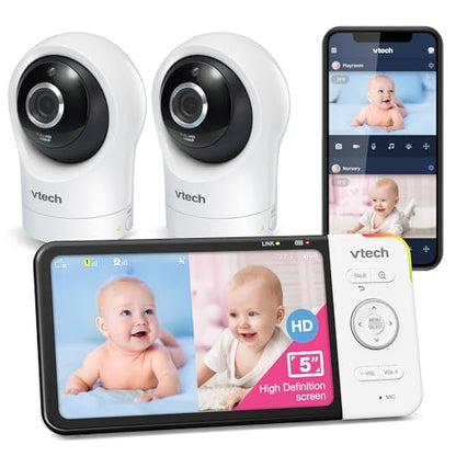 VTech RM5764-2HD 1080p Smart WiFi Remote Access 2 Camera BabyMonitor 360° Pan & Tilt 5" 720p HD Display Night Vision Soothing Sounds 2-Way Talk Temperature & Motion Detection iOS & Android