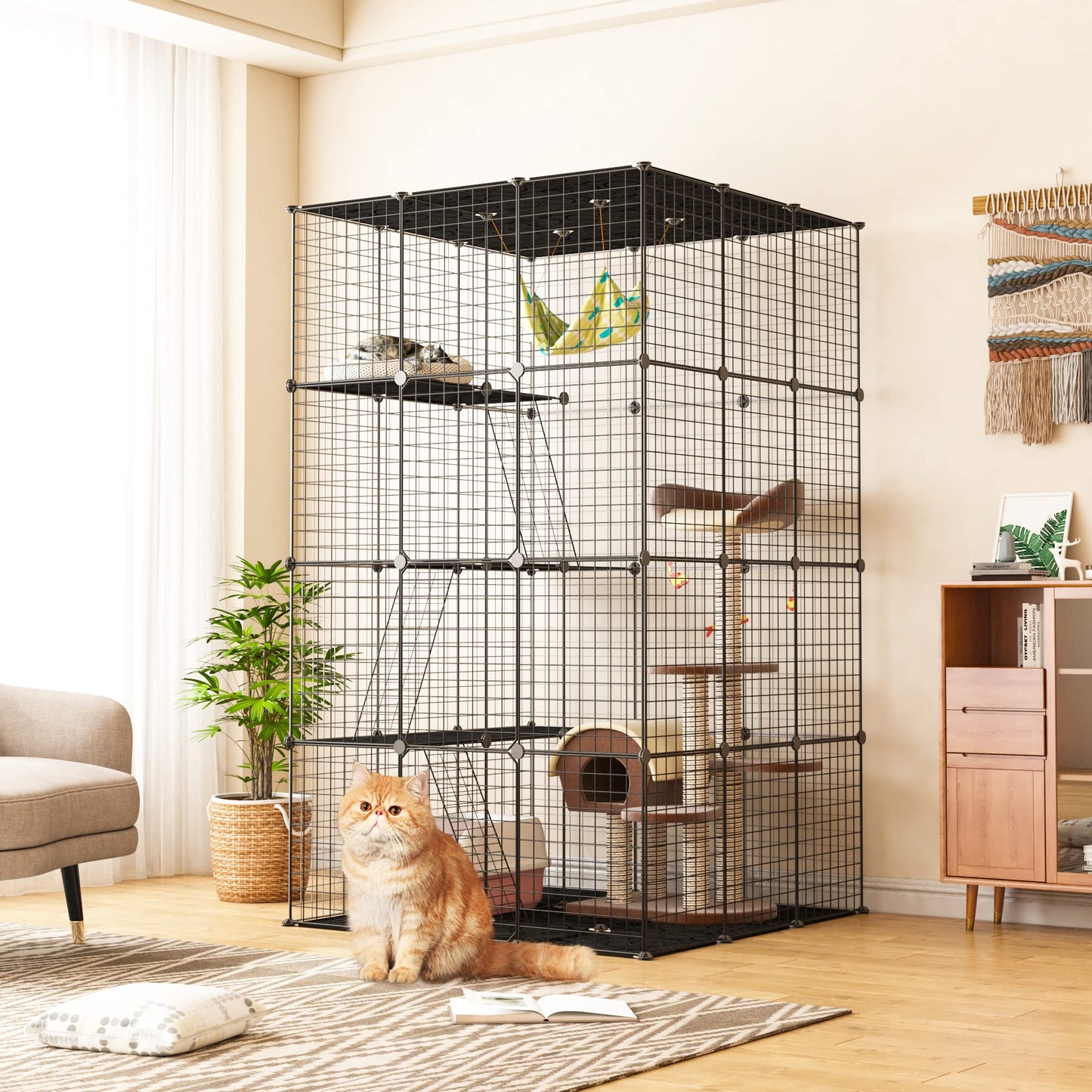 COZIWOW Cat Enclosures Indoor 3-Tier Wire Cat Cages Indoor Large Window Catio for Indoor Cats with Litter Box Pet Cages for Cats with 3 Platforms and Ramp Ladders42" L X 42" W X 72" H Black